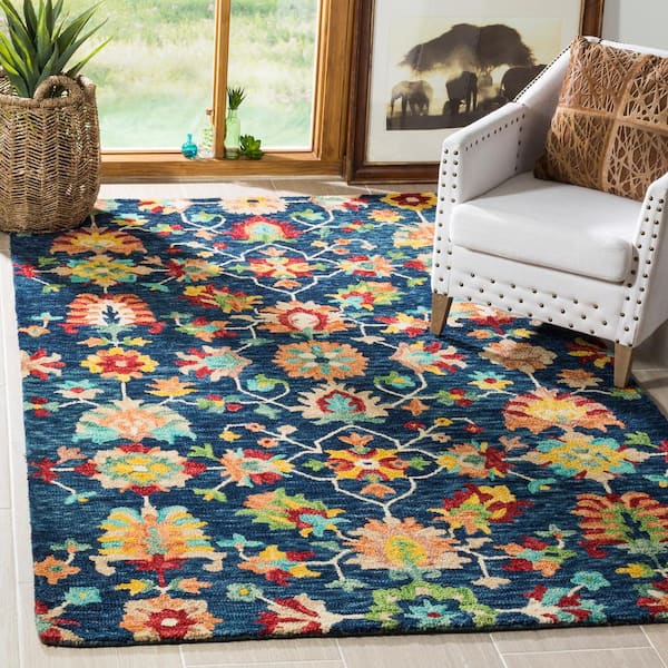 Aspen Navy/Red 3 ft. x 3 ft. Floral Square Area Rug