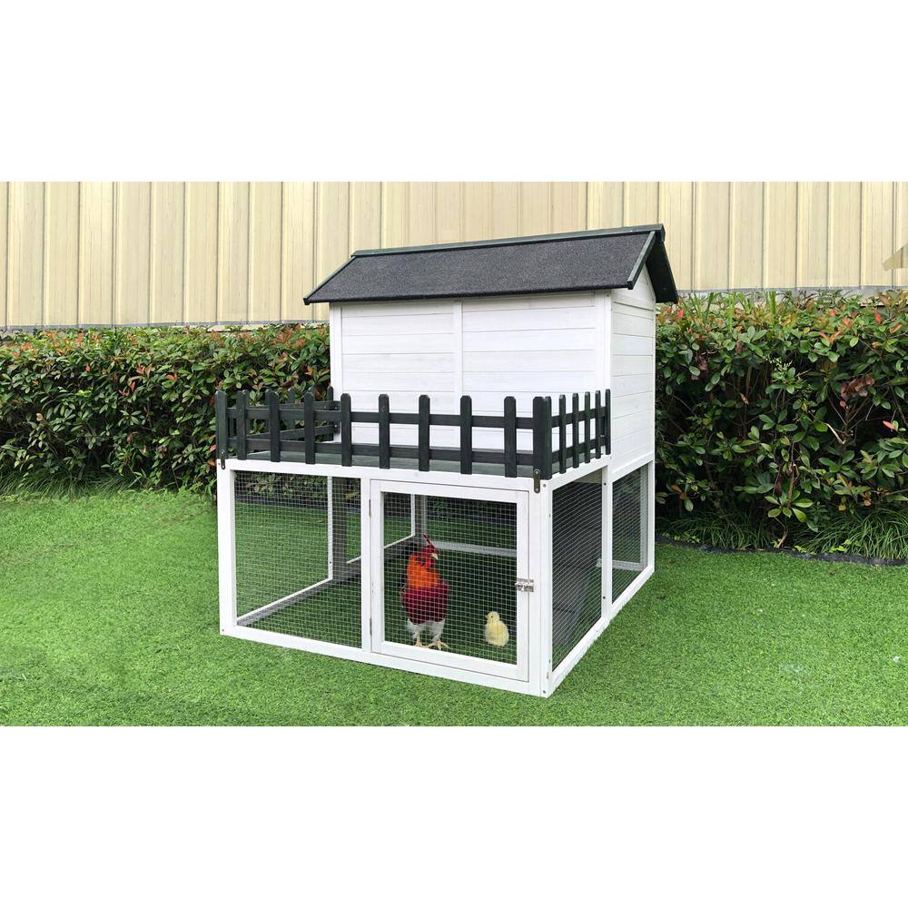 White and Black Elevated Wooden Chicken Coop with Ramp and Wire Mesh Run