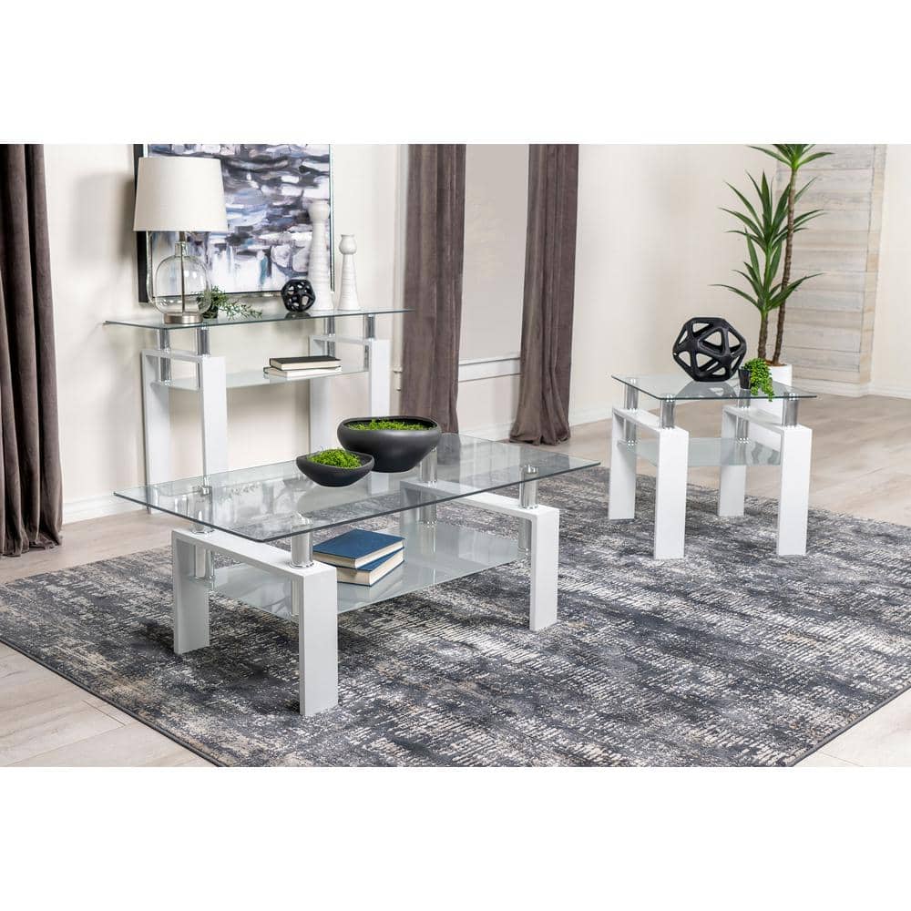 White Metal and Glass Rectangular Sofa Table with Shelf
