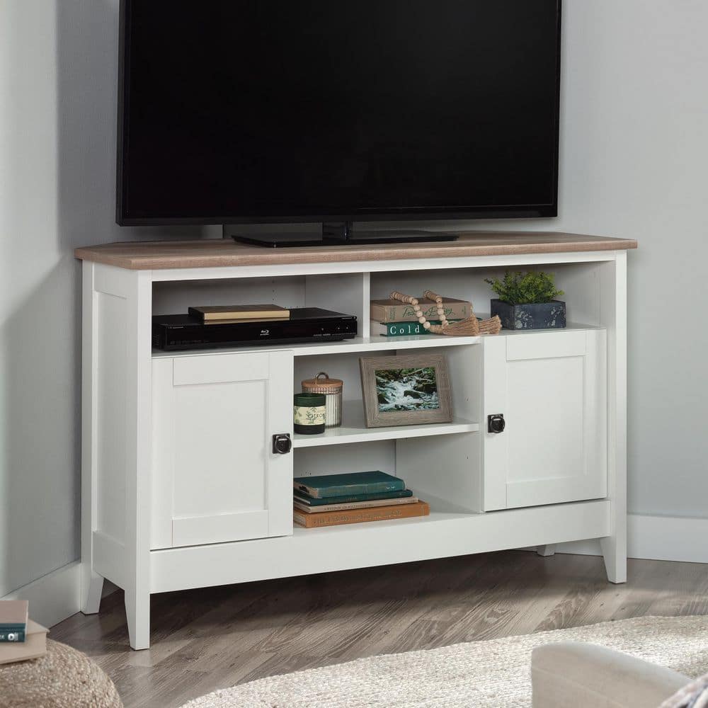 Soft White Corner TV Stand with Cabinet and Oak Top