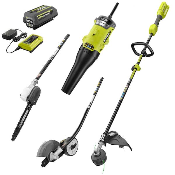 RYOBI 40V Expand-It Kit with String Trimmer, Edger, Pole Saw & Leaf Blower Attachments with 4.0 Ah Battery and Charger