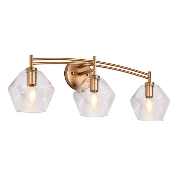 LNC 26 in. Satin Gold 3-Light Vanity Light Modern Bathroom Washroom Powder Room Wall Light with Hexagon Clear Glass Shades