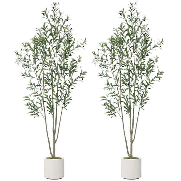 HOMEIBRO 7 ft. Green Artificial Tree Olive Tree in White Faux Decorative Plant Pot Realistic Leaves for Indoor Decor (2-Pack)