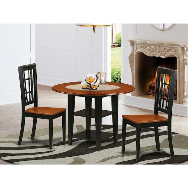 East West Furniture 3-Piece Black and Cherry Finish Round Solid Wood Top Dining Table Set