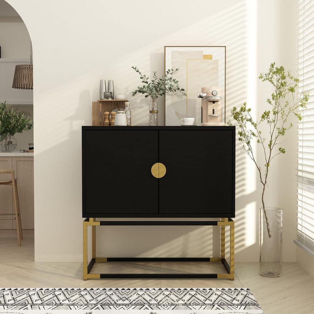 FUFU&GAGA Black Console Table Side Table With 2 Doors and Metal Legs ...