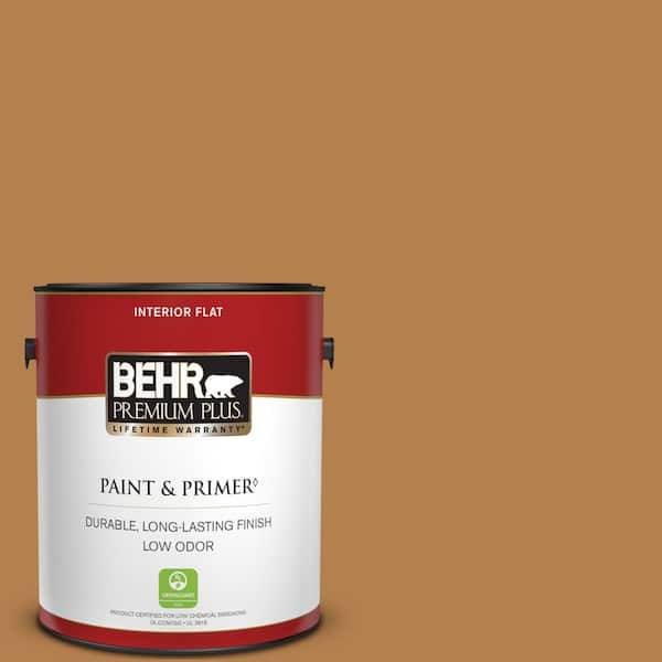 BEHR PREMIUM PLUS 1 gal. #PMD-106 Caramel Sauce Flat Low Odor Interior Paint & Primer