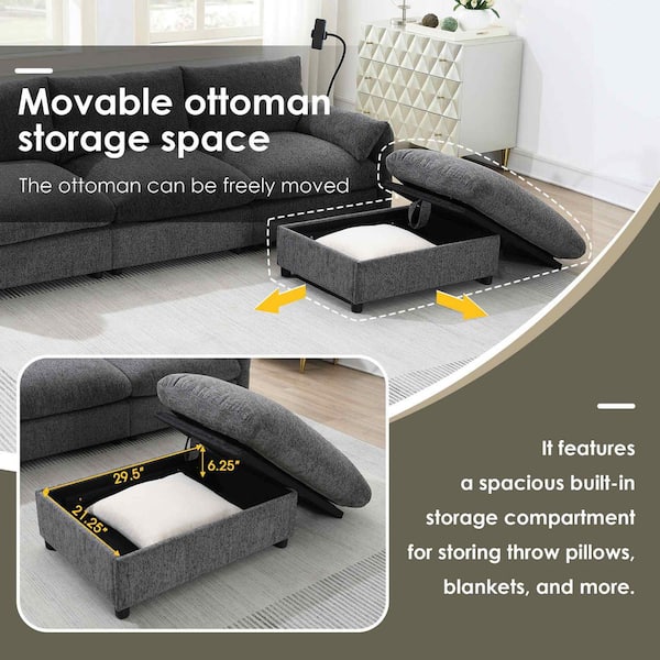 96.5 in. Square Arm Chenille L-Shaped Sofa with USB Ports, Storage Pockets and Ottoman in Gray (Seats 3)