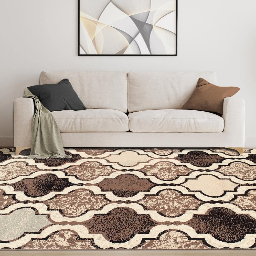 Modern Ivory Trellis 7' x 9' Easy-Care Synthetic Area Rug