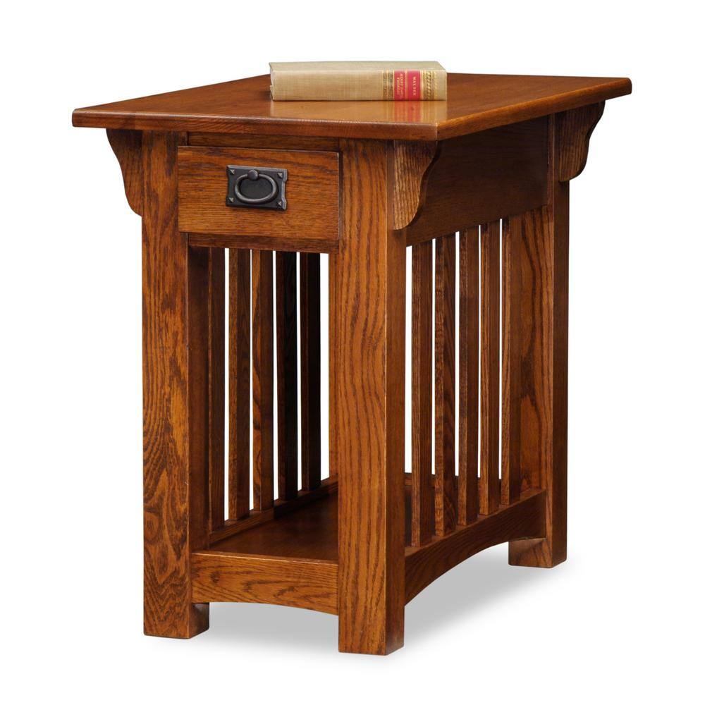 Medium oak wood end table with a single drawer and a bottom shelf.