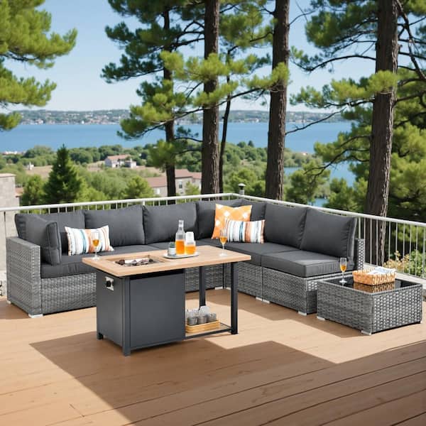 Toject Sanibel Gray 8-Piece Wicker Outdoor Patio Conversation Sofa Seating Set with a Storage Fire Pit and Black Cushions