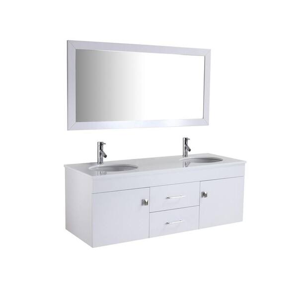 Virtu USA Alyssa 56-1/2 in. Double Basin Vanity in White with Stone Vanity Top in White and Framed Mirror-DISCONTINUED
