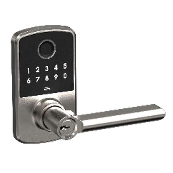 Square Compact Satin Nickel Tonebridge Fingerprint Electronic Keypad Door Lever Wi-Fi Enabled Powered by Hubspace