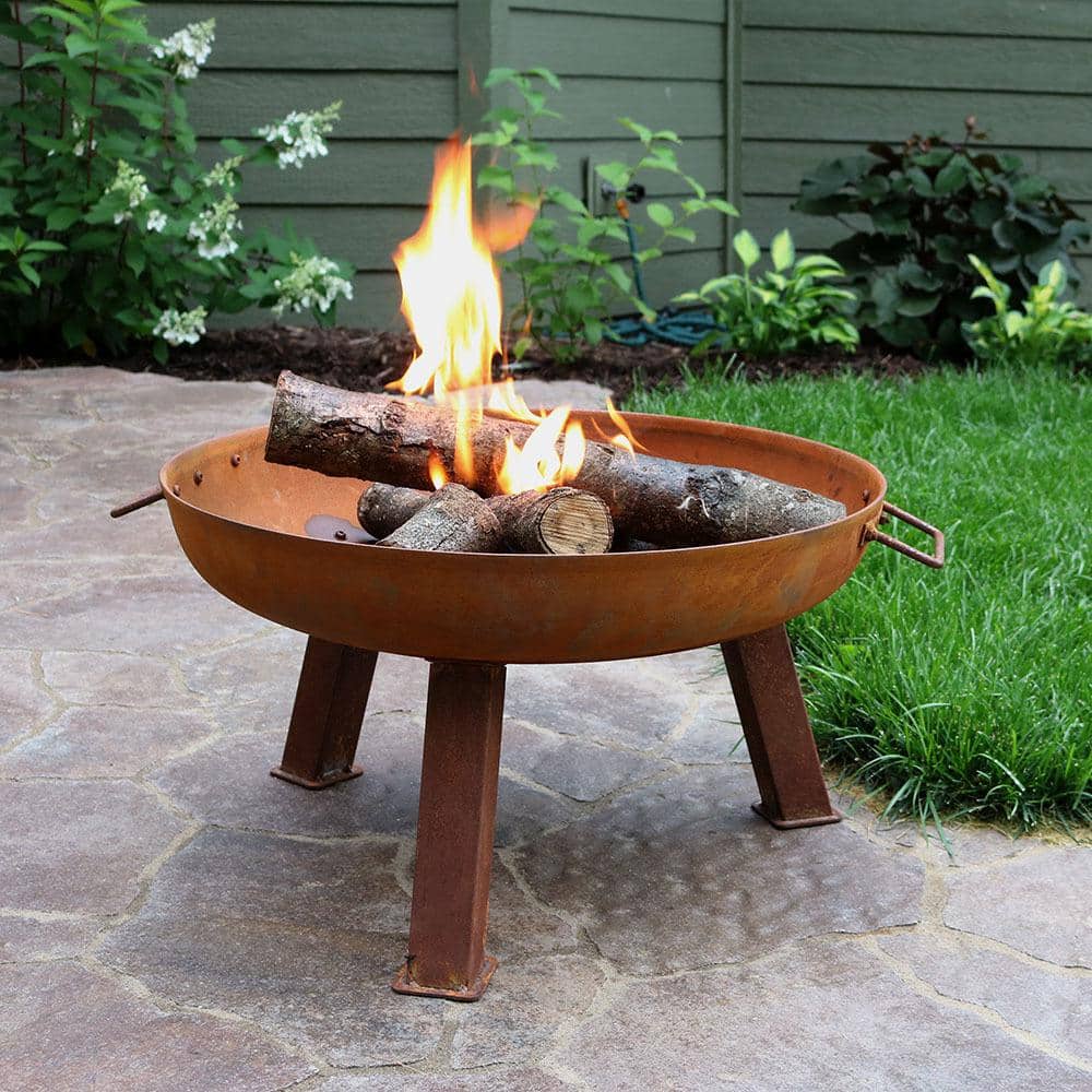 Rustic 24-Inch Round Cast Iron Wood-Burning Fire Pit with Handles