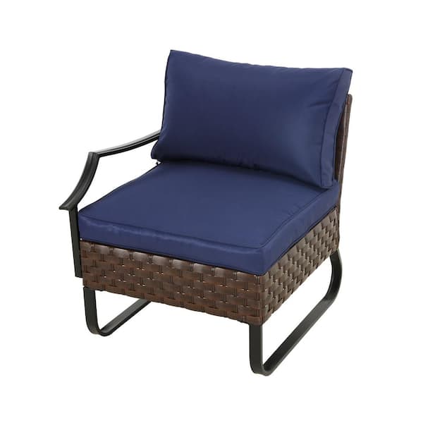 Patio Festival U-Leg Brown Wicker Outdoor Right-Arm Chair with Blue Cushions