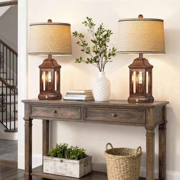 24 in. Rustic Resin Table Lamps (Set of 2), Touch Dimmable Bedside Lamps w/ USB A+C Ports, Dual Light Sources,Wood Grain