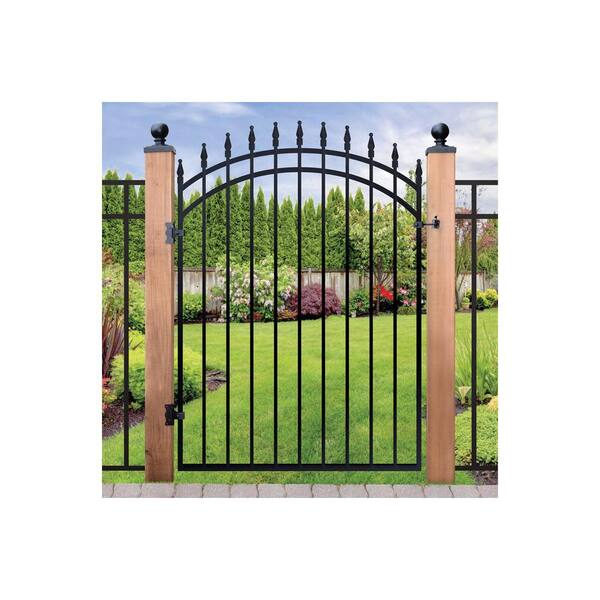 NUVO IRON 3.75 ft. x 4.67 ft. Tiger Eye Profile Black Metal Center Point Arched Top Fence Gate
