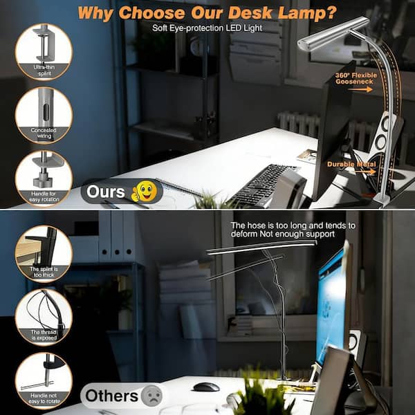 Grehge k Lamp with Clip, Multi-Angle Flexible 4 Sections, 3 Light Sources Office Desk Lamp, 4 Colour Temperatures and 5 Brightness Levels, Night Eye Care Table Lamp for Home Office Studio