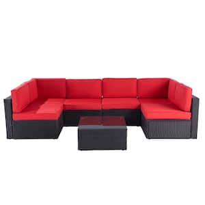 7-Piece Patio Conversation Sofa Set Furniture Sectional Seating Set with Red Cushion & Tempered Glass Desktop