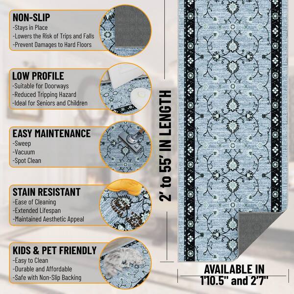 Hallway Runner Rug 3 ft. x 13 ft. - Soft Non-Slip Runner for Kitchen, Entryway and Stairs, Blue