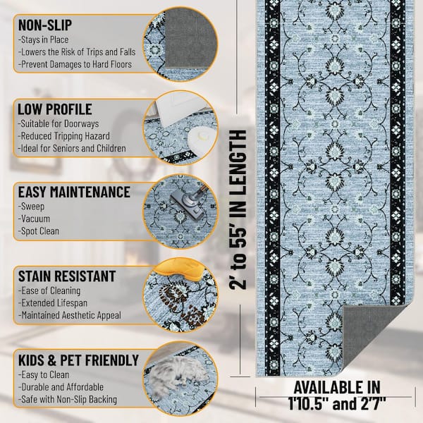 Stair Runner Rug 3 ft. x 15 ft. - Soft Area Runner for Hallway, Entryway, Living Room, Blue