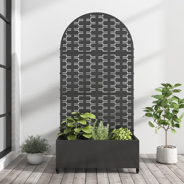 Lirago 72 in. x 35 in. Arch Black Outdoor Metal Privacy Screen Raised Planter Box Wall Decor