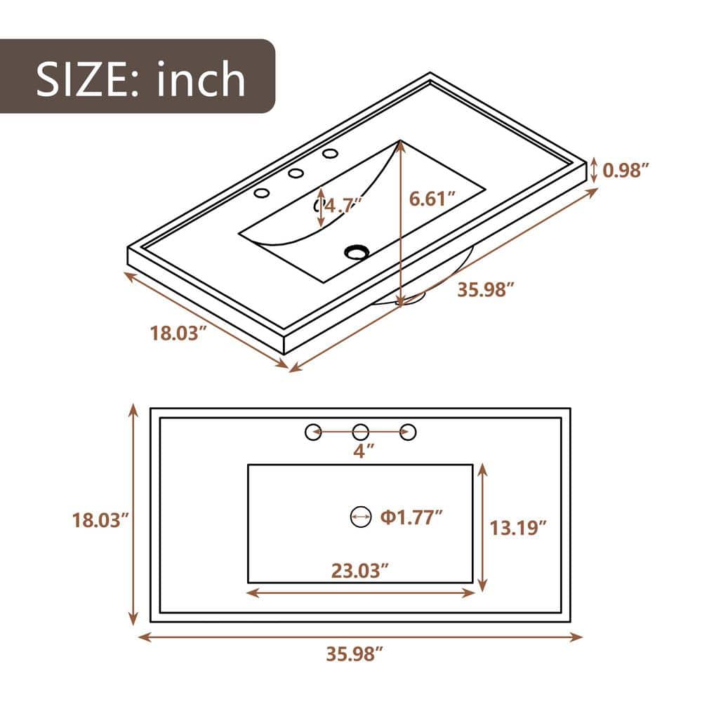 36" White Ceramic Undermount Single Bathroom Vanity Top