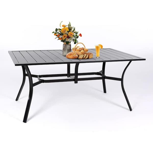 OUPES 63 in. Black Rectangle Metal Outdoor Patio Dining Table with Umbrella Hole