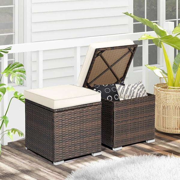 2-Piece Wicker Outdoor Patio Ottomans Hand-Woven PE Wicker Footstools with Removable Off White Cushions