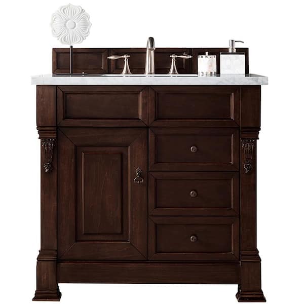 James Martin Vanities Brookfield 36 in. W x 23.5 in. D x 34.3 in. H Single Bath Vanity in Burnished Mahogany with Marble Top in Carrara White