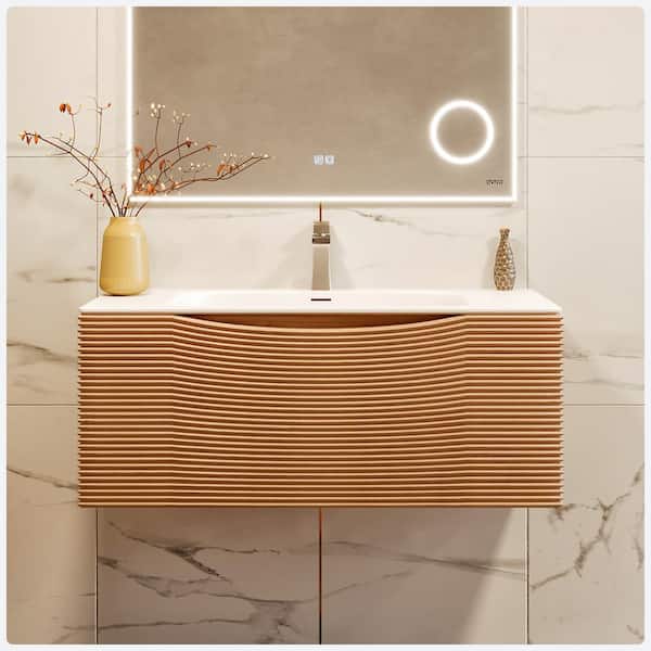 Leah 32 in. Single Sink Floating Medium Oak Bath Vanity with White Solid Surface Top (Assembled)