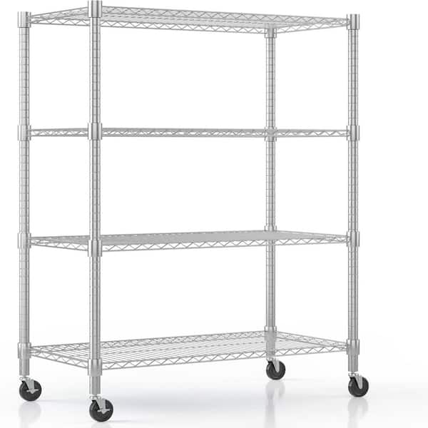 Heavy‑Duty 4‑Tier Rolling Wire Shelving Unit,Chrome Adjustable Shelves for Kitchen Pantry Laundry Garage