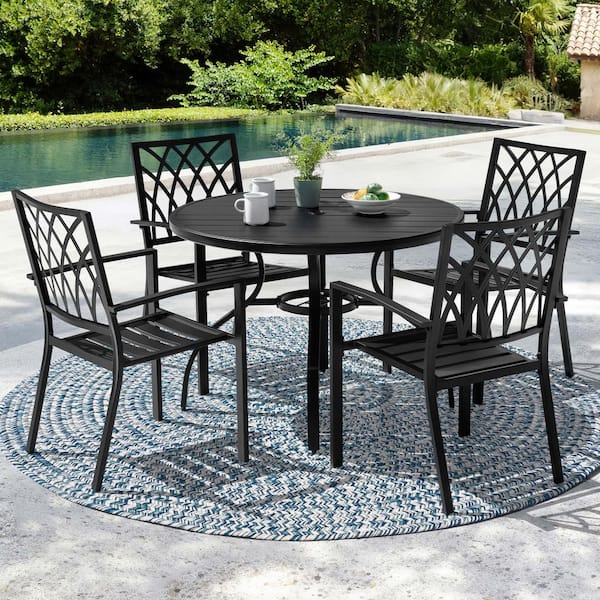 Black 5-Piece Metal Round Outdoor Dining Set with Umbrella Hole and 4 Stackable Chairs