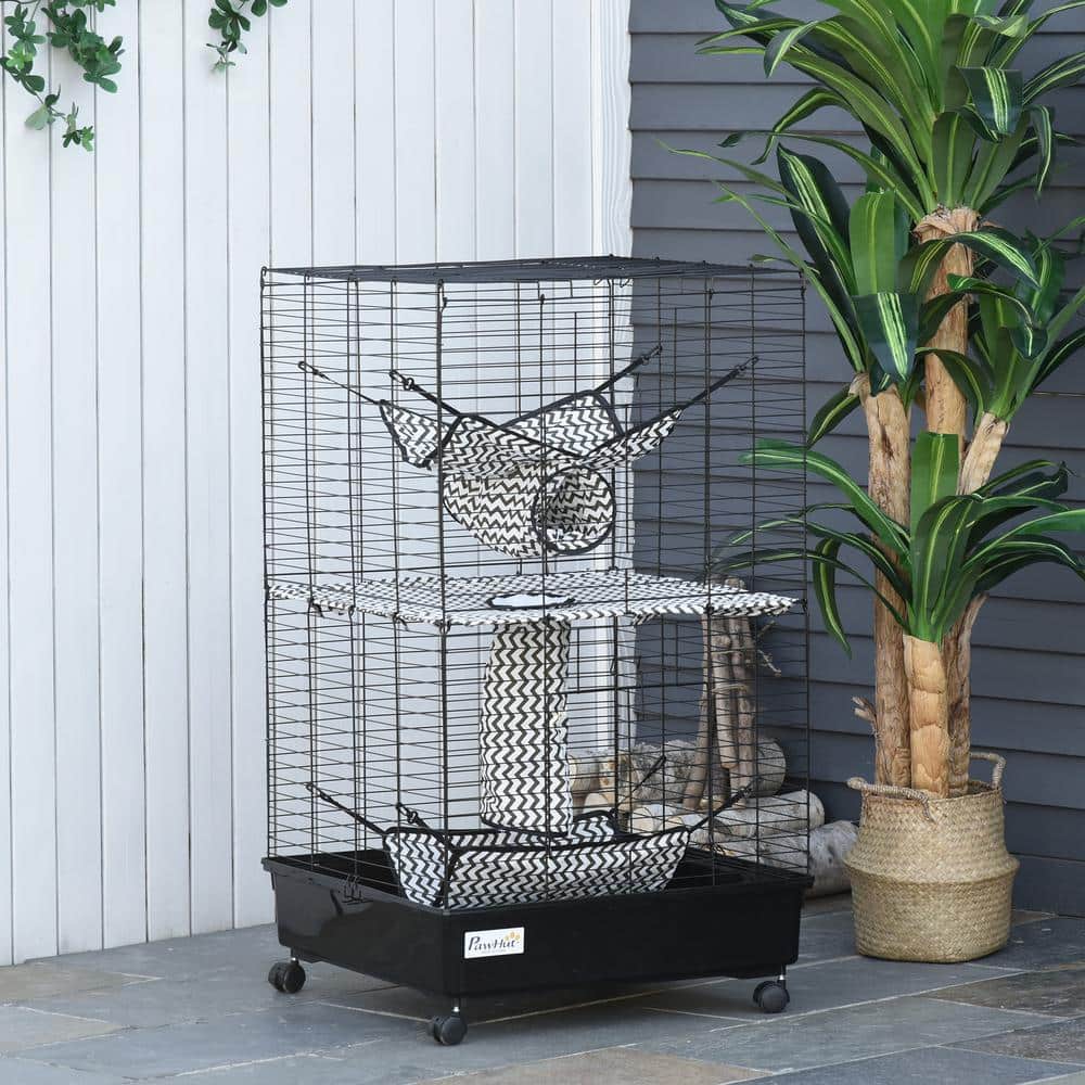 PawHut 42" Black Metal Ferret Cage with Hammocks and Tunnels
