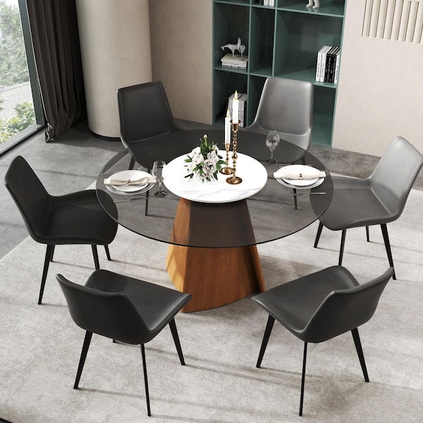 Round Brown With Lazy Turntable Glass 53.15 in. Pedestal Dining Table with Wood Base (Seats 6)