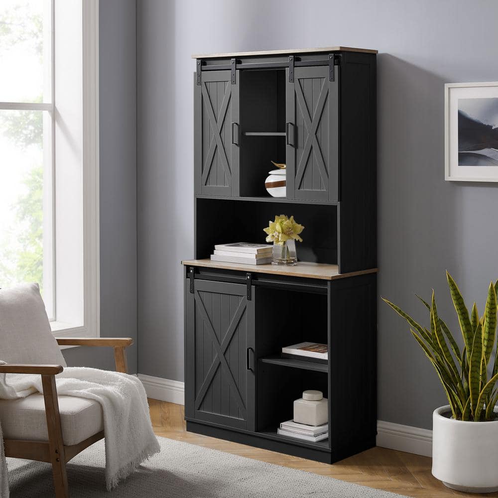 GOOD & GRACIOUS Black Kitchen Hutch and Cabinet Storage with 4 Shelves ...