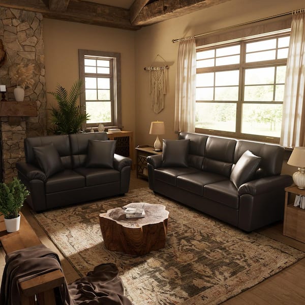 Garrin Modern Couch 2-Pieces Chocolate Brown Faux Leather Living Room Set Sofa Loveseat with Cushion and Pillows