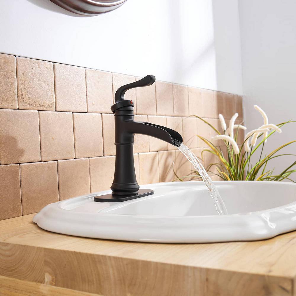 Matte Black Single Handle Waterfall Bathroom Faucet with Drain Assembly