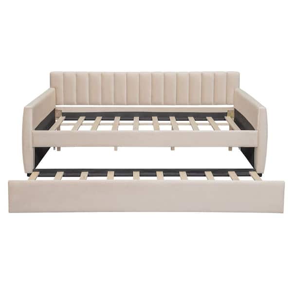 Beige Wood Frame Full Size Daybed with Trundle and Wood Slat Support