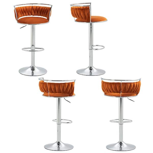 Uixe 38.5 in. Modern Silver Metal Frame Low Back Swivel Adjustable Height Bar Stool with Orange Velvet Seat (set of 4)