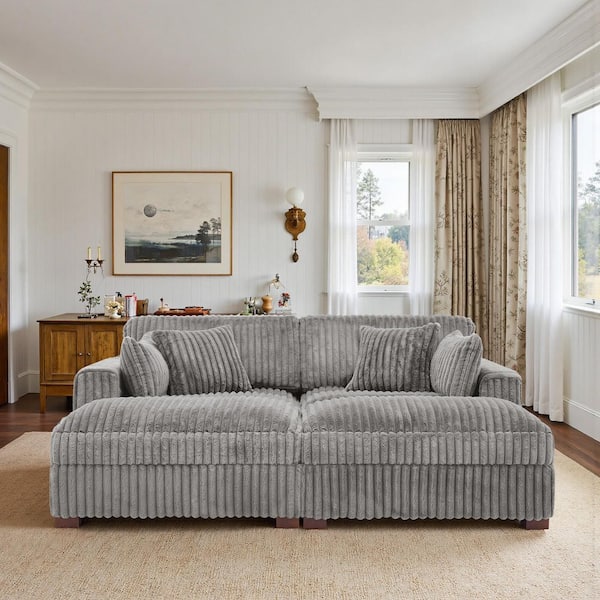 Uixe 82.7 in. Modern Square Arm Faux Rabbit Fur Fabric Upholstered Sectional Sofa in Light Gray With 2-Pillows