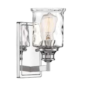 Drake 5 in. 1-Light Polished Nickel Modern Wall Sconce with Clear Hammered Glass Shade