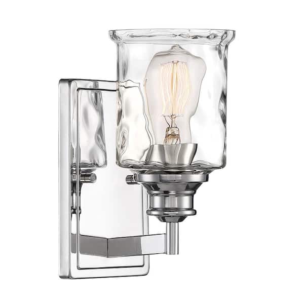 Designers Fountain Drake 5 in. 1-Light Polished Nickel Modern Wall Sconce with Clear Hammered Glass Shade