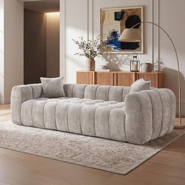 Wren Oversized 102.7 in. Round Arms Boucle Fabric Upholstered Rectangle Cloud Compressed Sofa in Camel