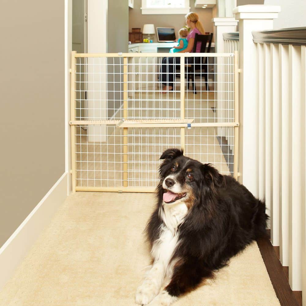Extra-Wide White Wood and Metal Mesh Baby Gate