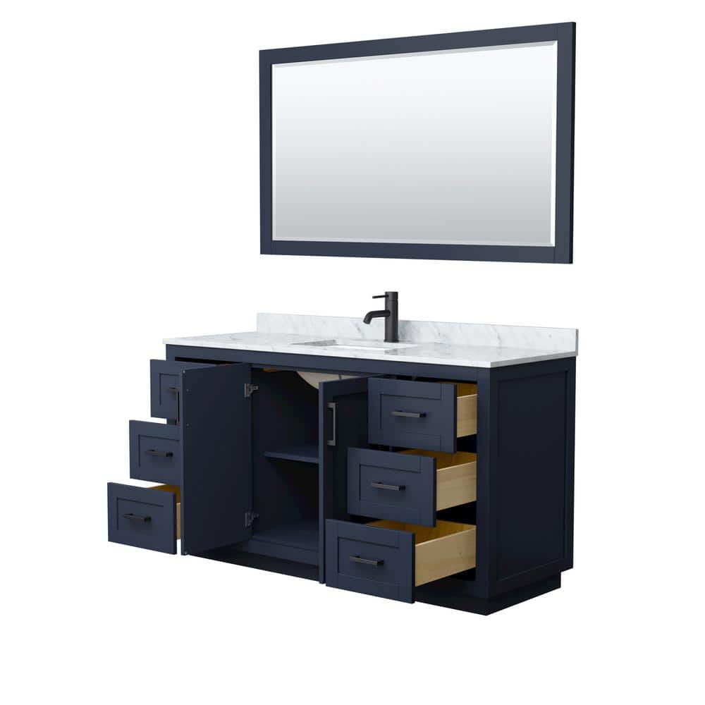 Miranda 60" Dark Blue Single Bathroom Vanity with White Carrara Marble Top and Matte Black Trim