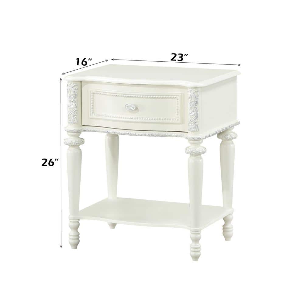 Ivory Floral Carved Wood 1-Drawer Nightstand