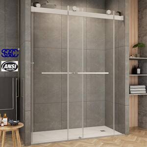 58 in. to 60 in. W x 76 in. H Sliding Frameless Shower Door Soft Close in Brushed Nickel with Clear Glass