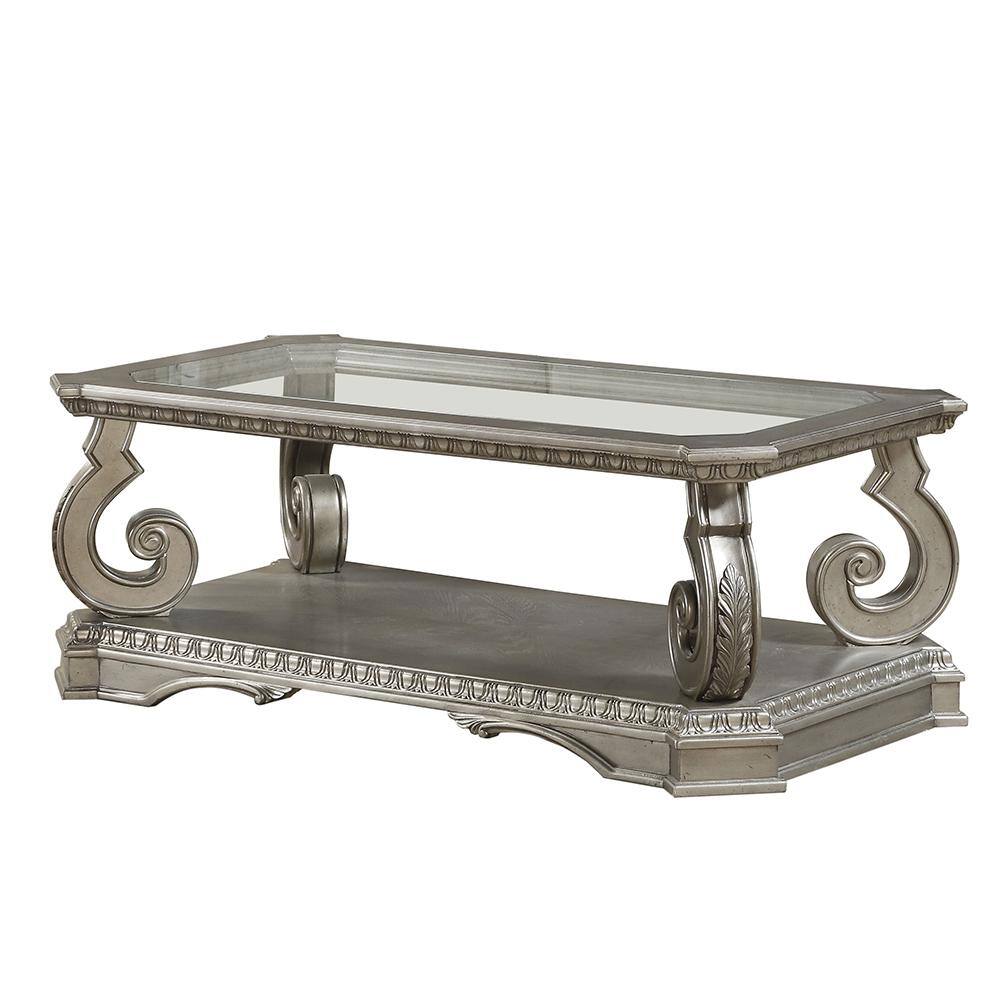 Silver Rectangular Wood and Glass Coffee Table with Storage