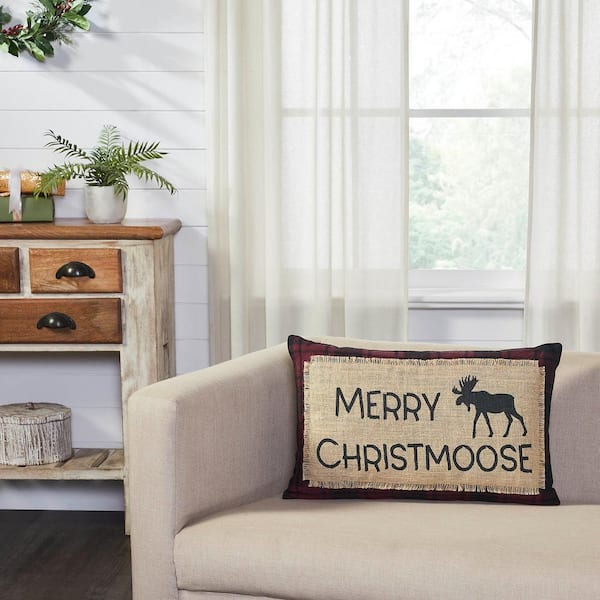 Cumberland Red Black Plaid 14 in. x 22 in. Merry Christ moose Throw Pillow