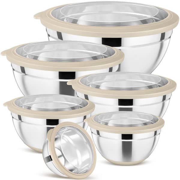 6-Piece Stainless Steel Khaki Mixing Bowl Set with Visible Lids Non-Slip Silicone Base for Kitchen Cooking